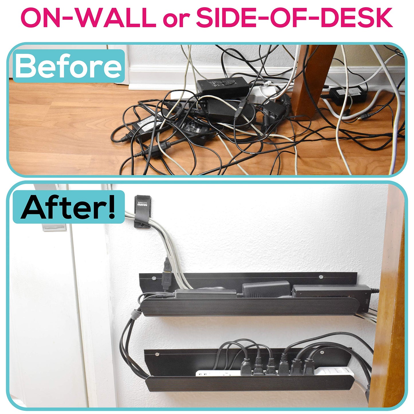 Cable Management Tray, Under-Desk, On-Wall or Side-of-Desk, 17x4x2.4”, 2-PK, Hide & Organize Your Cables, Power Supplies and Power Strips, Bonus 10-Pk