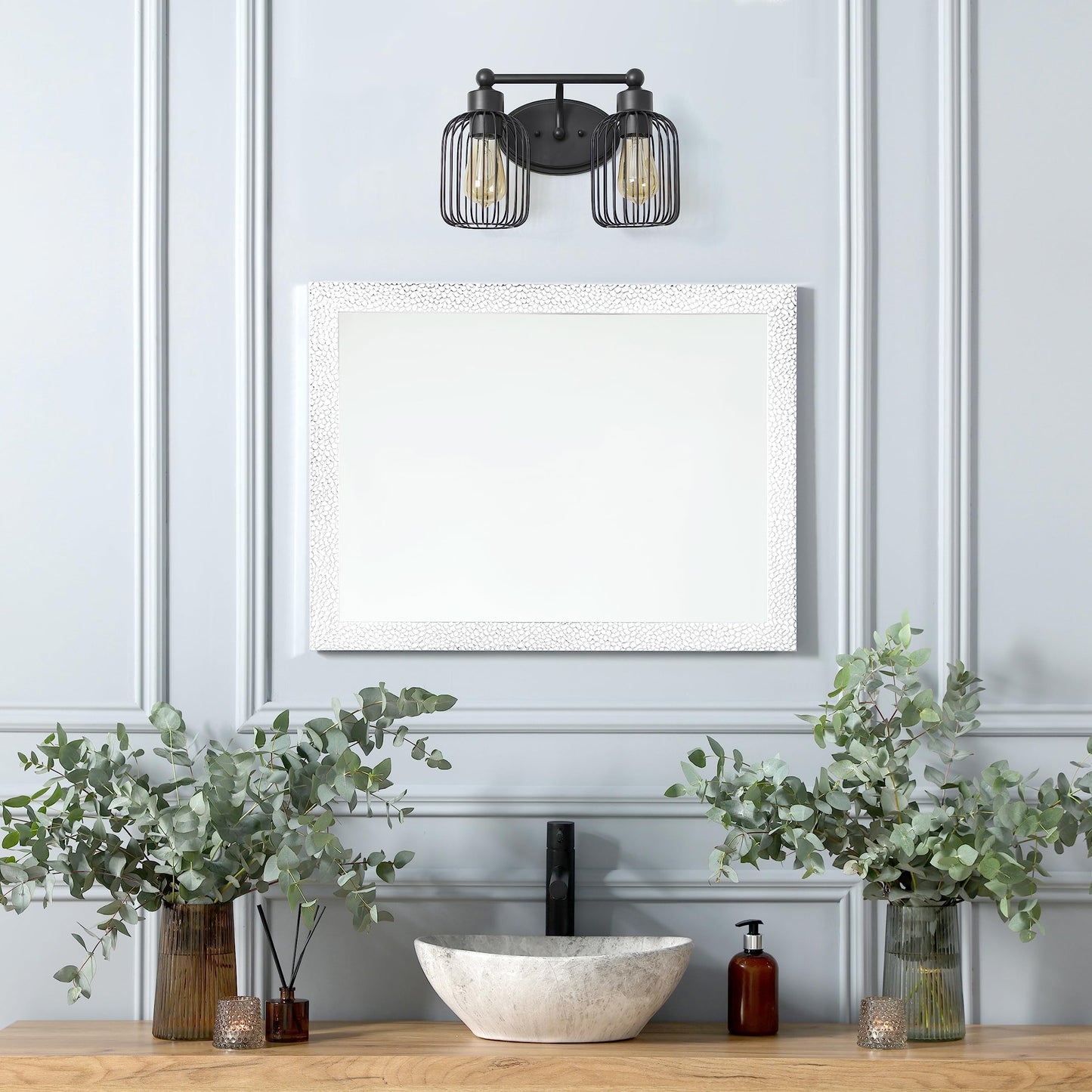Elegant Designs VT1021-BLK 14" Industrial Farmhouse 2 Light Metal Birdcage Decorative Wall Mounted Vanity Fixture with Matching Metal Oval Backplate