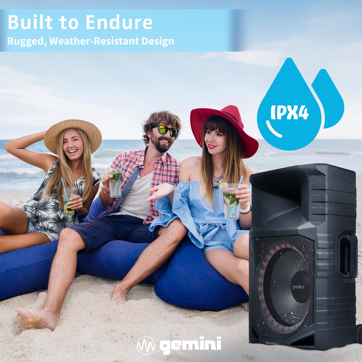 Gemini Sound GXP-T1500 All-Weather Portable Bluetooth PA Speaker System with RGB LED Party Lighting, 15" Woofer, Mic/Guitar Inputs, USB/FM Radio