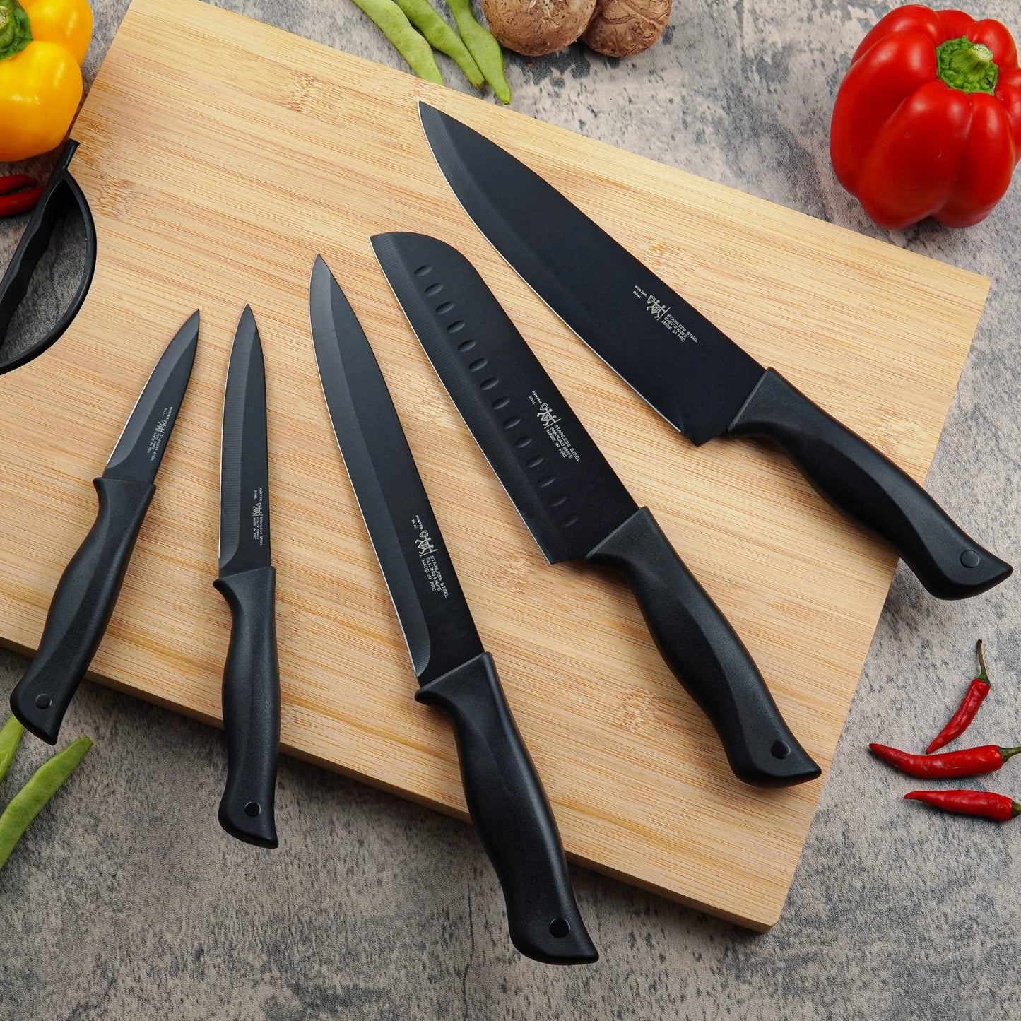 HUNTER.DUAL 15-Piece Kitchen Knife Set with Self-Sharpening Block – Dishwasher Safe, Anti-Slip Handles, Black