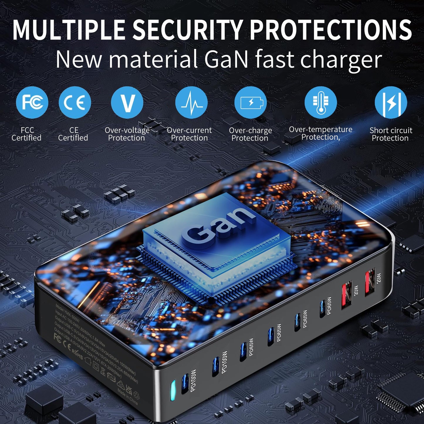 500W USB C Fast Charger Block, 8 Port USB Charging Station, GAN3 Multi Device Fast Charging Station for iPhone, Samsung, MacBook, Dell and More