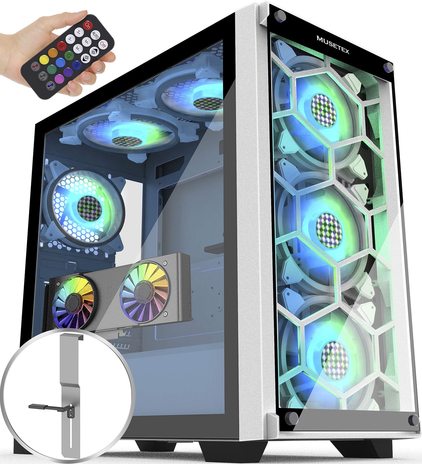 MUSETEX 5×140mm & 1×120mm ARGB Fans Voice Remote Control Mid-Tower Case with 2 PCS x USB 3.0 Ports Tempered Glass Panels PC Gaming Case Computer