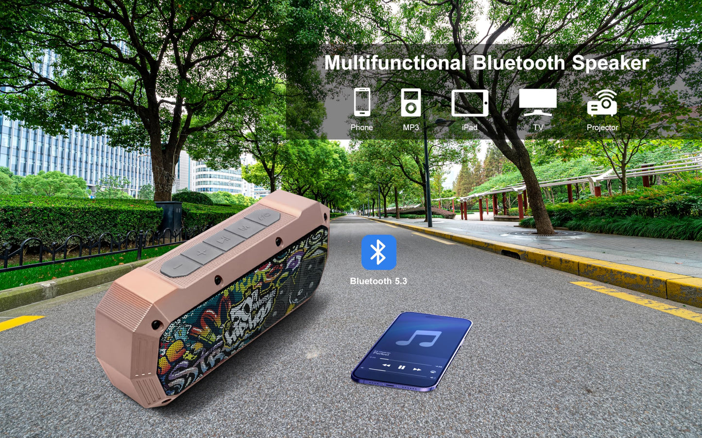 50th Anniversary of Hip Hop Portable Bluetooth Wireless Shower Speaker 10W Peak Power Boombox w HD Sound; IPX5 Waterproof; 4H Playtime; 800mAh