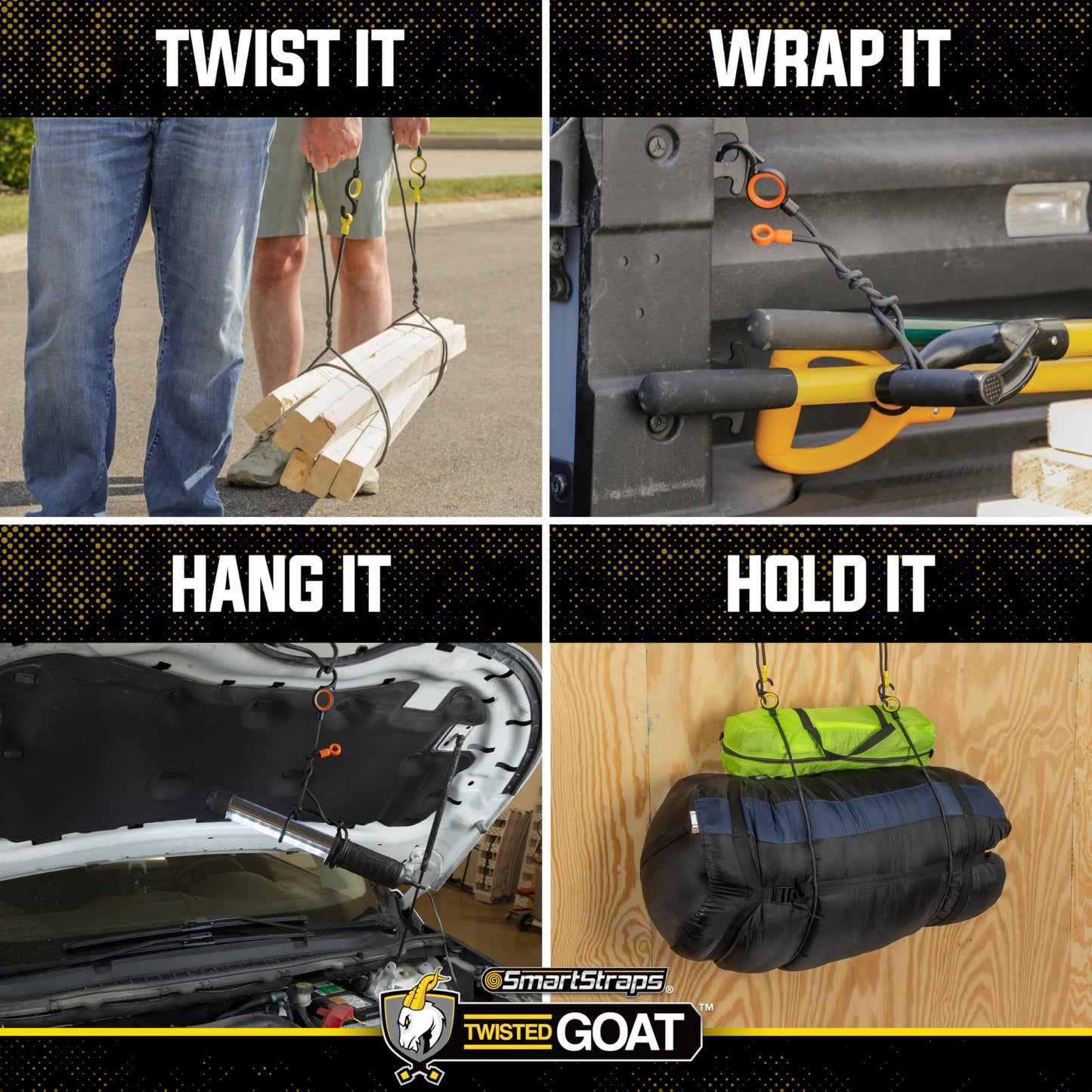SMARTSTRAPS Twisted Goat™ 3' Hang & Hold™ Ties, 2-Pack - Heavy-Duty Reusable Organizer with S-Hook & Tension Loop - Bendable Gear Tie for Garage, RV