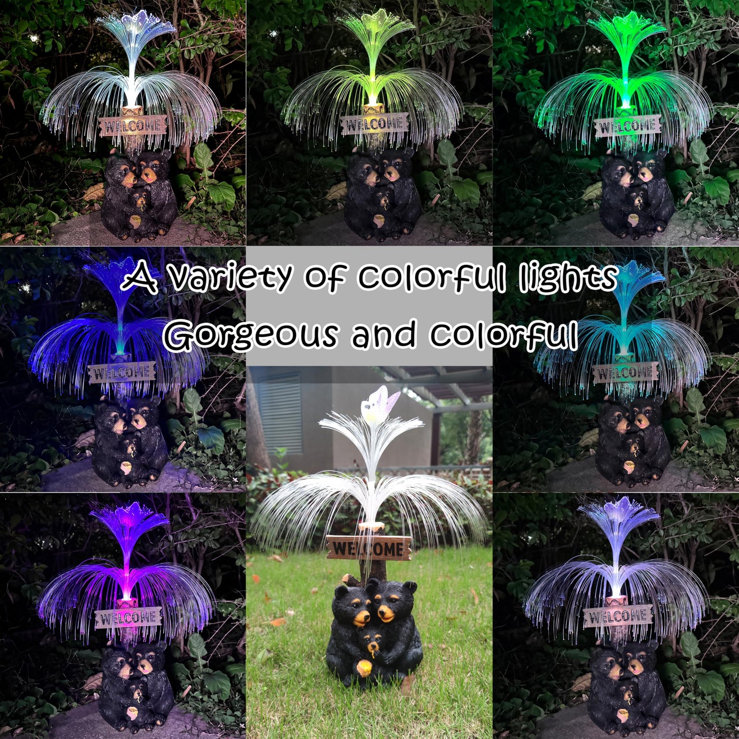 RCTTICUU Solar Bear Garden Statues,Resin Black Bear Family Figurine with Welcome Card and 7-Color Changing Optical Fiber with Solar Lights, Lawn Decor