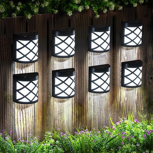 GIGALUMI 8 Pack Solar Fence Light Cold White Porch Solar Powered Decor Outdoor Waterproof Wall Fence Lights for Garden, Yard, Patio, Front Door