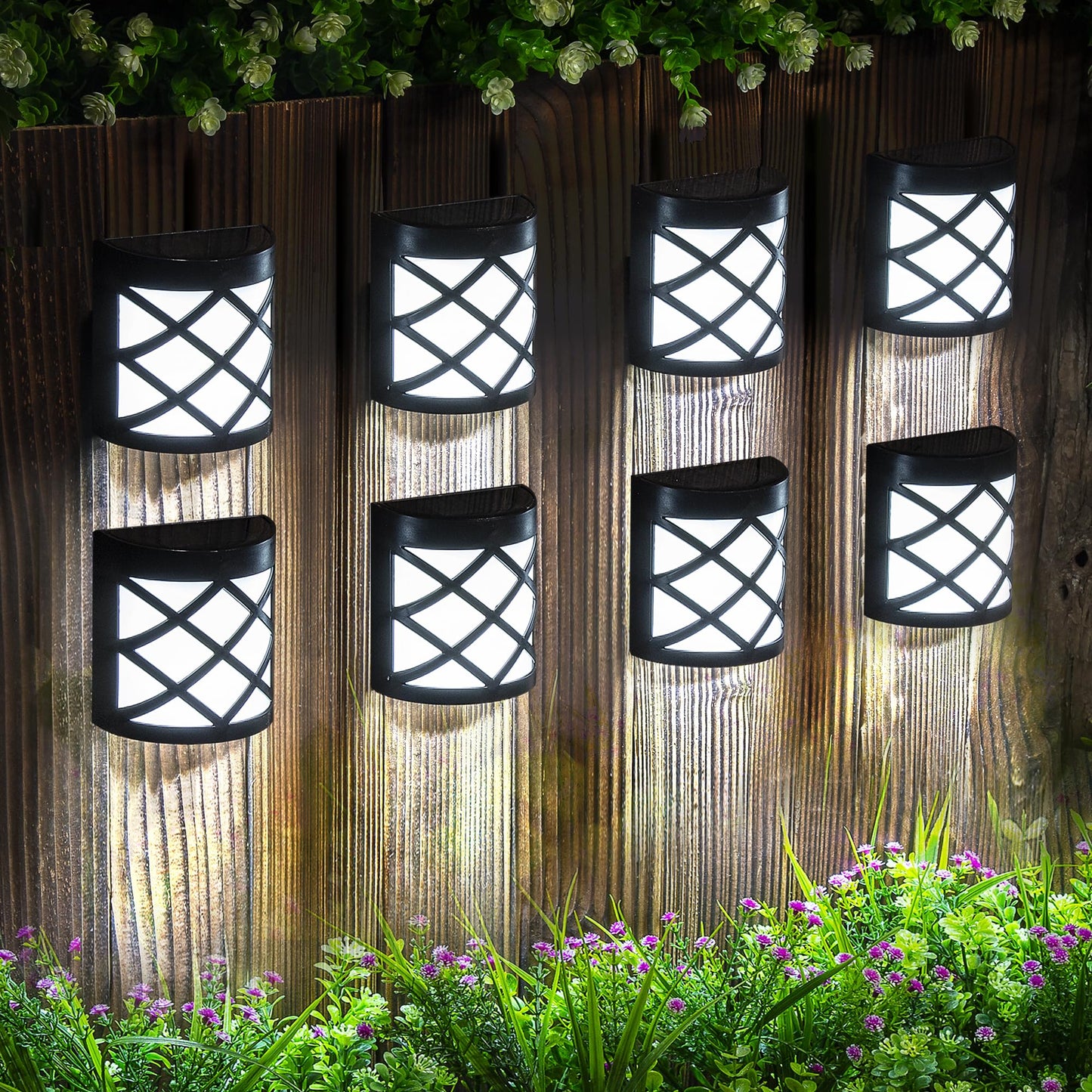 GIGALUMI 8 Pack Solar Fence Light Cold White Porch Solar Powered Decor Outdoor Waterproof Wall Fence Lights for Garden, Yard, Patio, Front Door