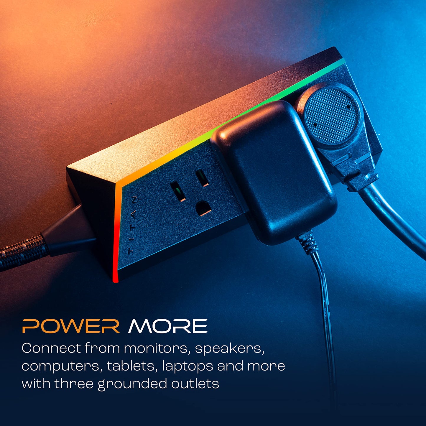 Titan 3-Outlet Power Strip, 8 ft Braided Extension Cord, LED Light Strip with Full Spectrum Color-Select, Compatible with Power Gaming PC, Laptop