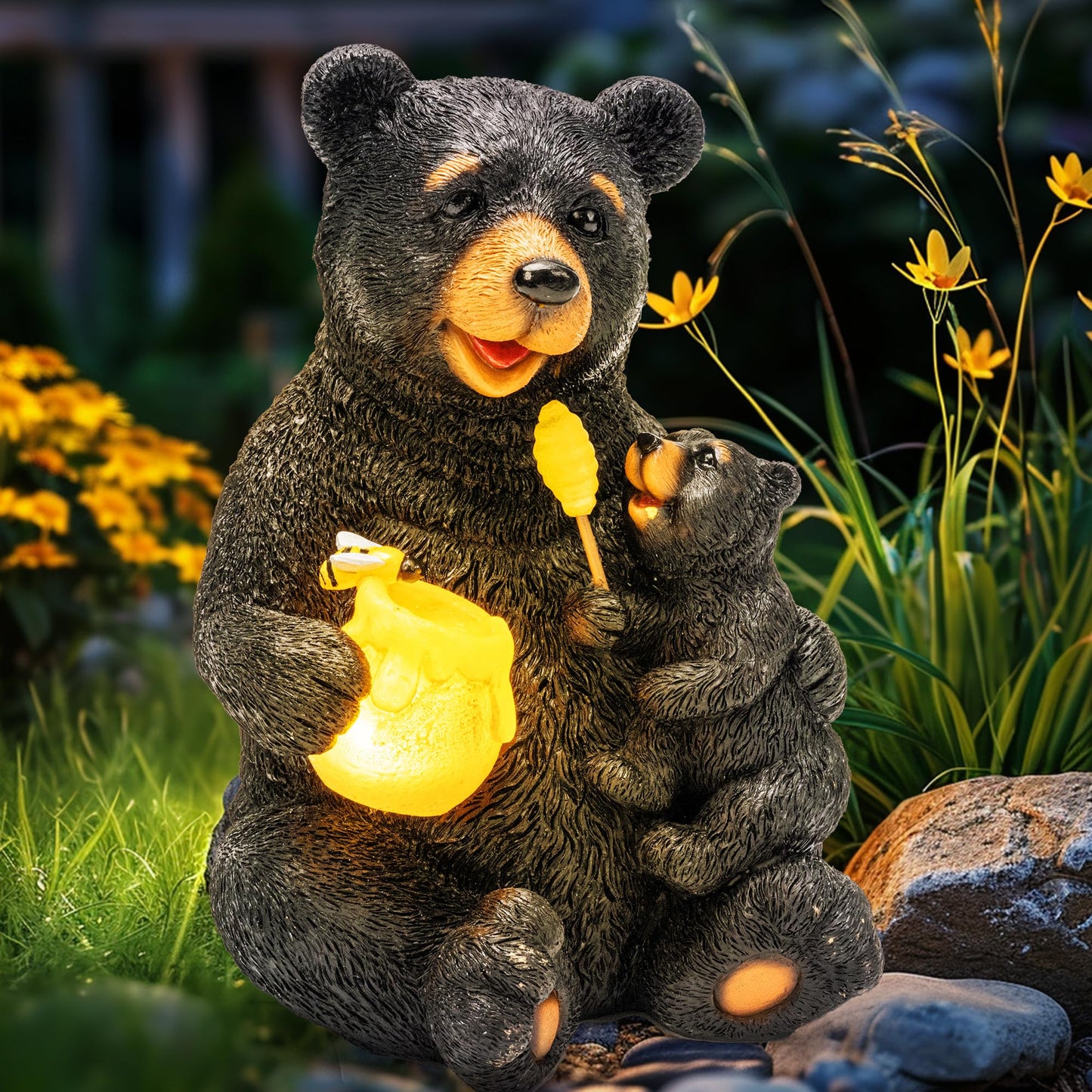 GIGALUMI Solar Garden Statues Bears 9", Loving Black Bear Decor, Yard Decorations Outdoor, Bear Figurine Lights for Outside, Garden Decor Unique