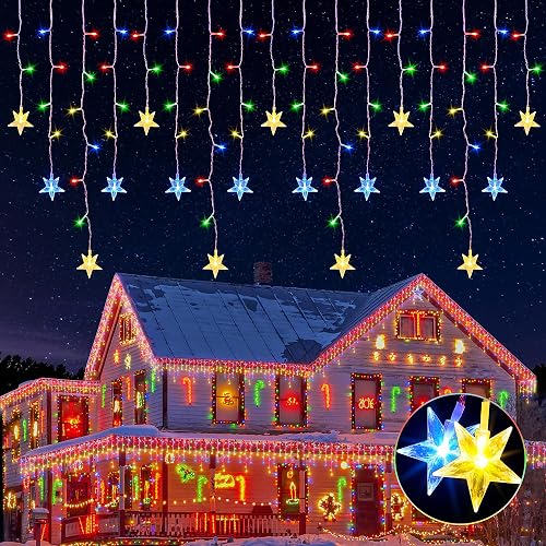 oopswow 200 LED Icicle Christmas Lights with Star,16.5FT Curtain Fairy Lights 40 Drops 8 Modes with Timer, Star Christmas Lights