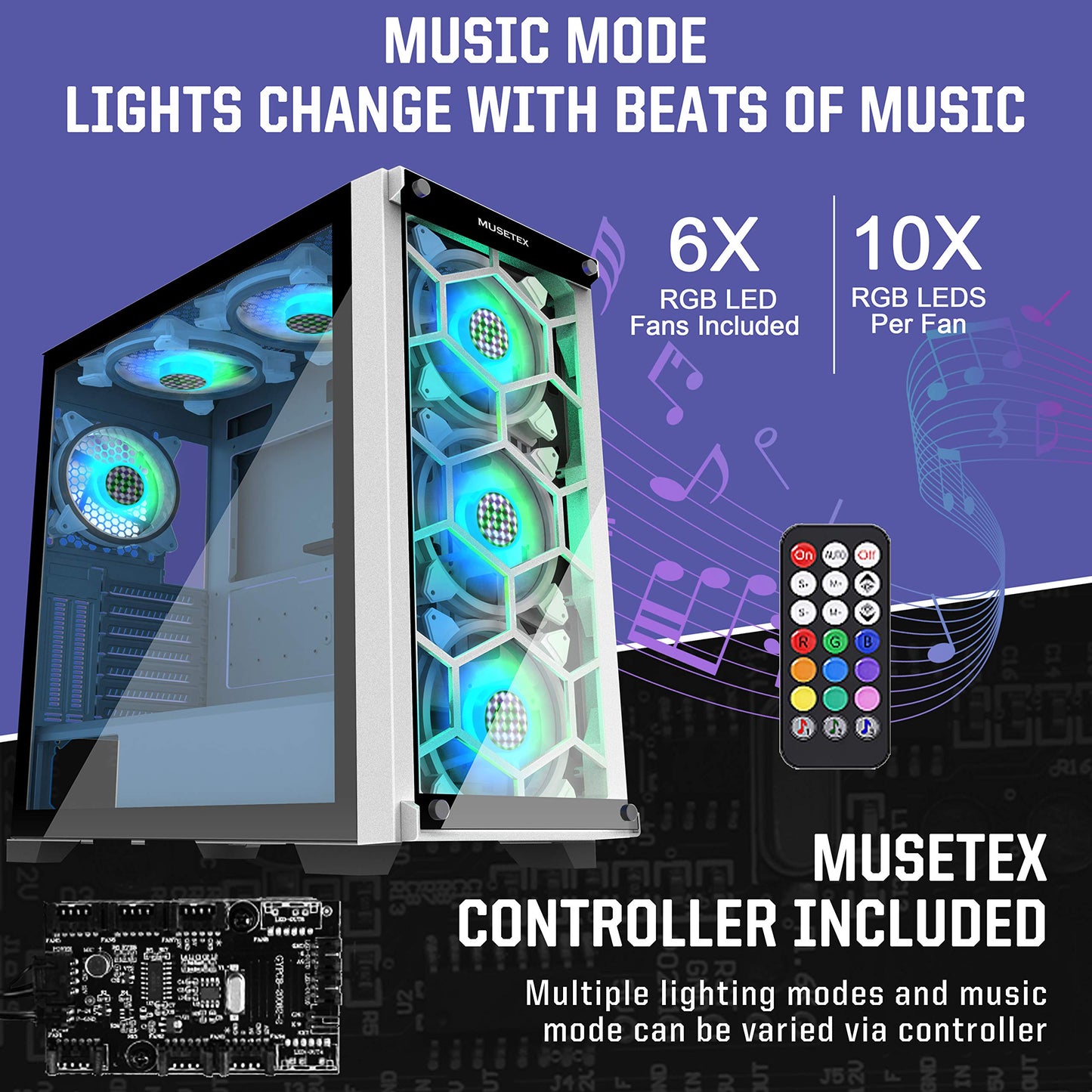 MUSETEX 5×140mm & 1×120mm ARGB Fans Voice Remote Control Mid-Tower Case with 2 PCS x USB 3.0 Ports Tempered Glass Panels PC Gaming Case Computer