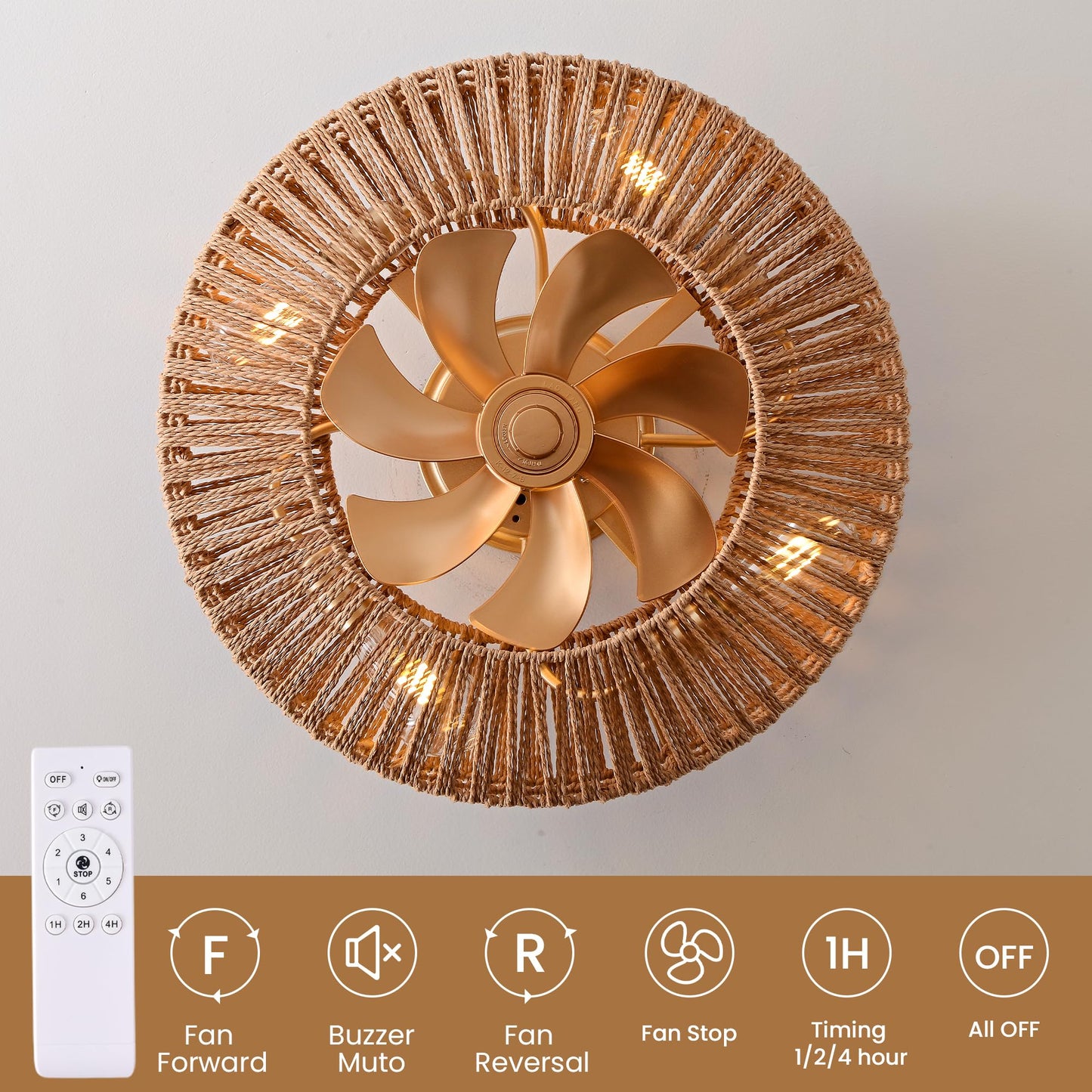 OPKMB 20" Boho Caged Fandelier with Lights Flush Mount Rattan Ceiling Fan with Lights and Remote Control, Enclosed 6 Speeds Low Profile Fan Light