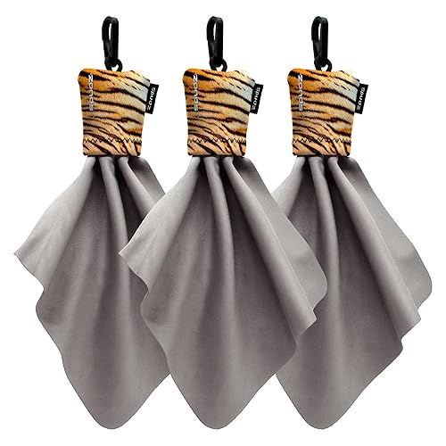 SPUDZ Classic Microfiber Lens Cleaner - Clip-On Pouch, Washable - for Binoculars, Scopes, Glasses, Screens | Tiger, 6 x 6 Inch (3-Pack)