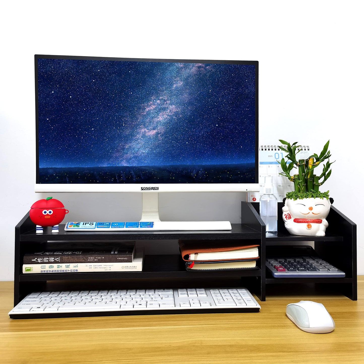 KUAIYU Computer Monitor Riser, 2 Tier Wooden Stand With Two Layer Storage Rack, Black Desktop Organizer for PC/Laptop, Home & Office