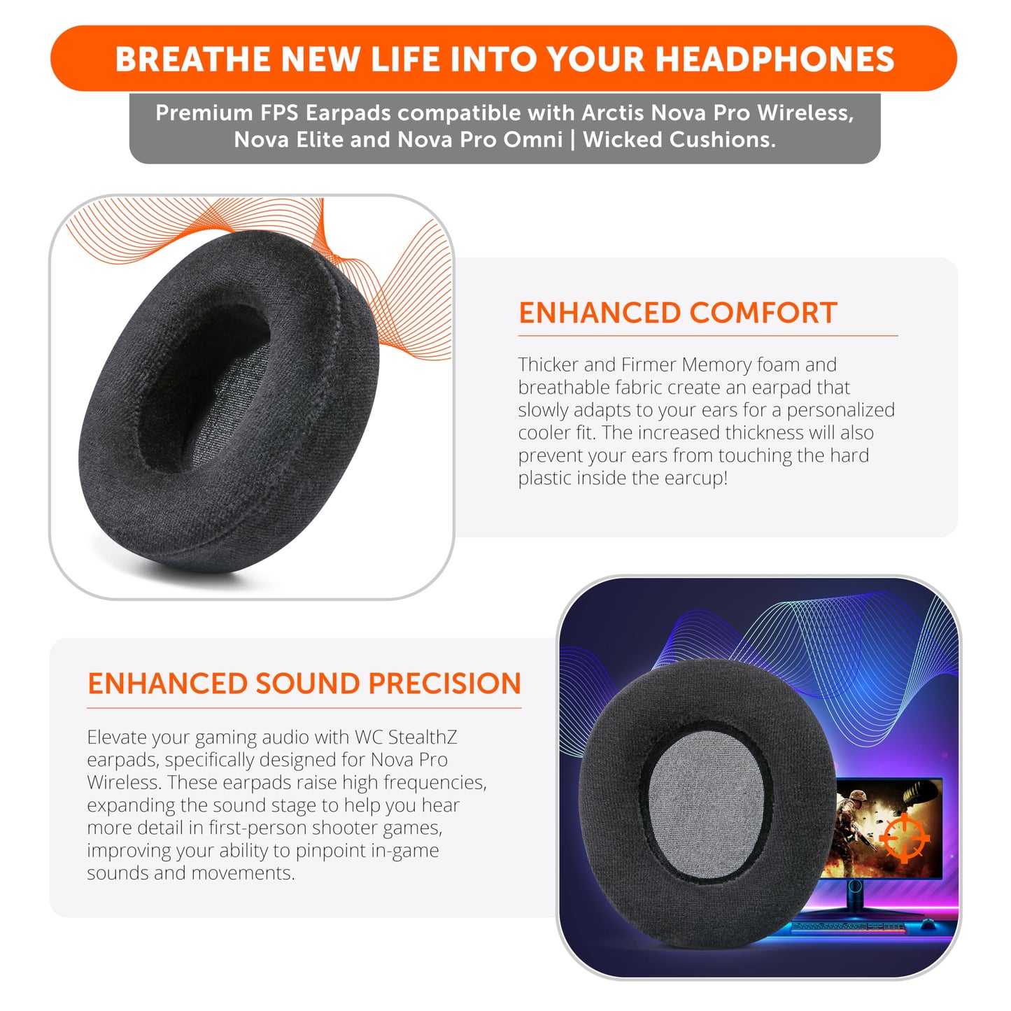 WC StealthZ Nova Pro Wireless - FPS Oriented Earpads for Arctis Nova Pro Wireless, Nova Elite, & Nova Pro Omni by GadgetryTech & Wicked Cushions |