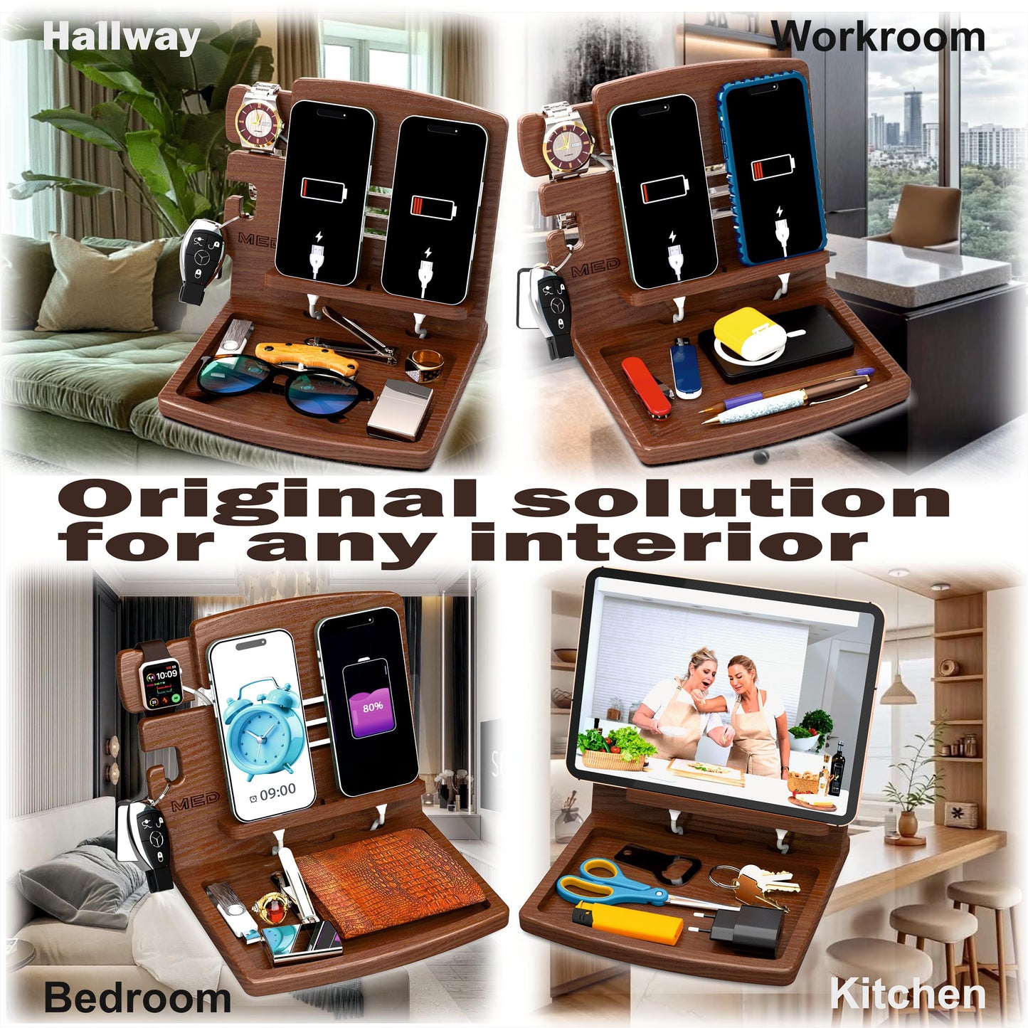 MED Wood Phone Docking Station Nightstand Desk Organizer for Phone, Watch, Wallet & Tablet Gift for Men, Husband, Father's Day, Dad & Women Model 1