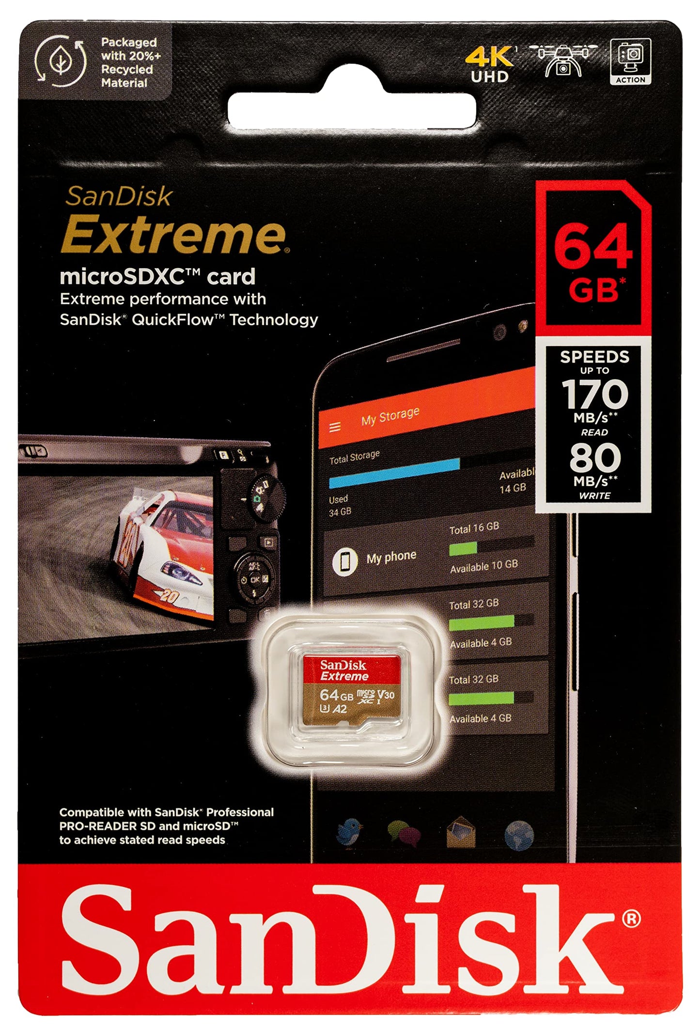 SanDisk Extreme V30 A2 64GB MicroSD Memory Card Compatible with Insta360 Go Ultra, X3, X4 and X5 Action Camera (SDSQXAH-064G-GN6MN) Bundle with (1)