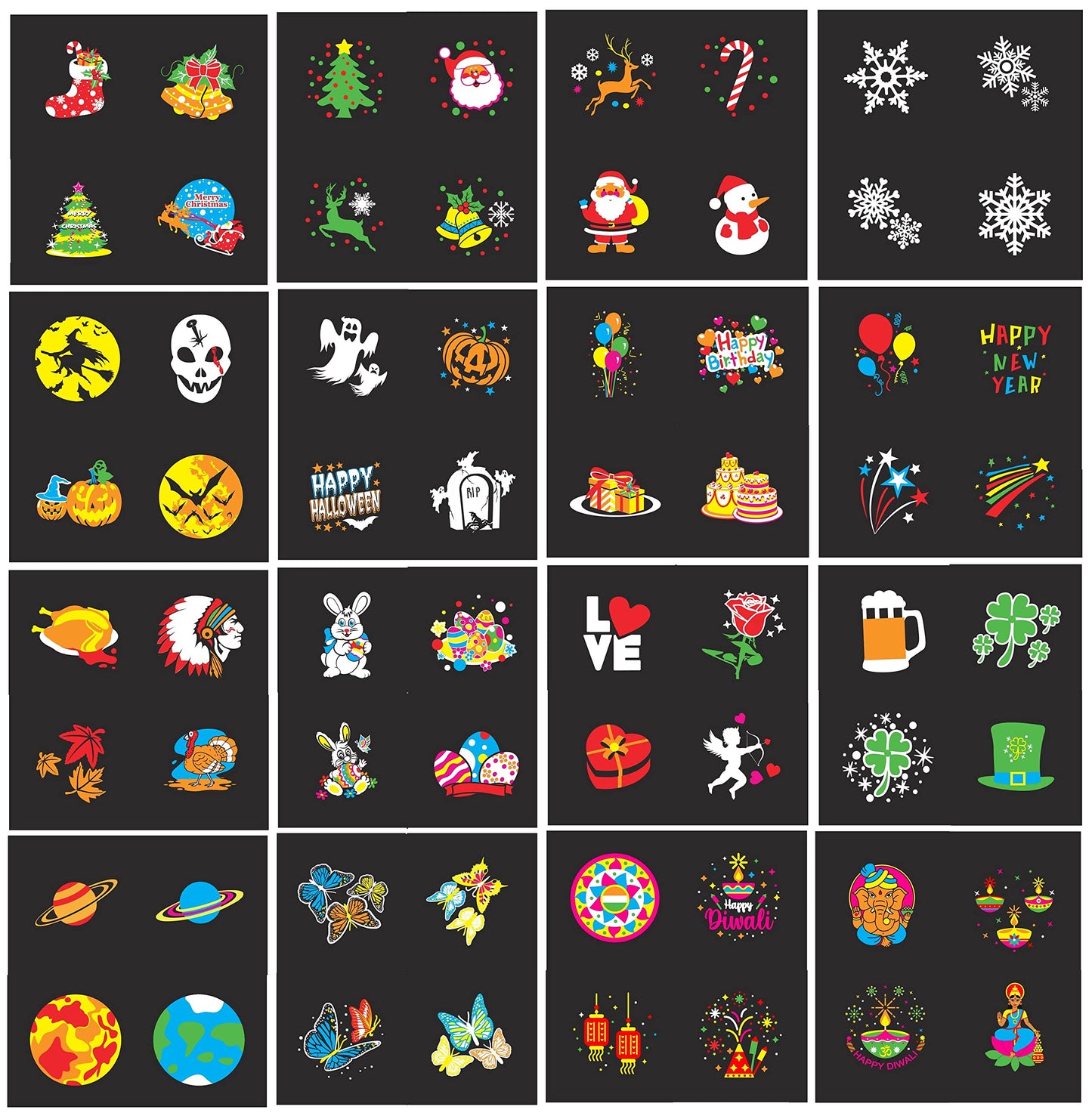 Holiday Halloween Valentine Party Christmas Diwali Projector Light (Indoor, Outdoor, Splashproof IP44), 16 Slides (4 Pictures Each), 10 Wave Effects