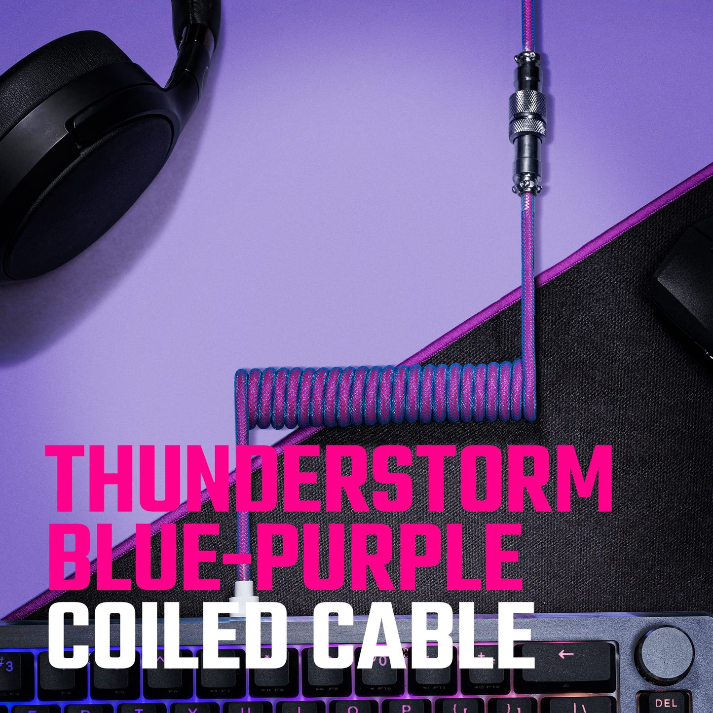 Cooler Master Coiled Cable Thunderstorm Blue-Purple with Detachable Metal Aviator Connector, Flexible Reinforced-Braided Nylon Cable, USB-A to USB