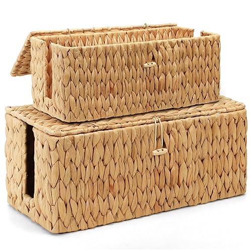 Posprica Cable Management Box with Lid, 2Pack Handwoven Real Water Hyacinth Cord Hider Organizer Boxes, 2 Side Open Slots Storage Box to Hide Cords