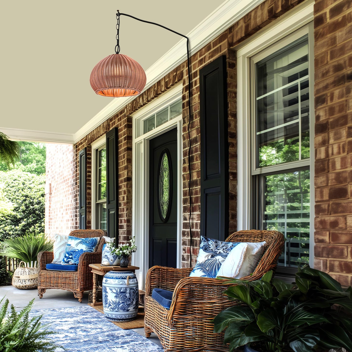 Globe Electric x Novogratz 44761 1-Light Outdoor Plug-in Pendant Lighting, Plastic Rattan Shade, Frosted Inner Layer, Bronze Hanging Cord and Chain