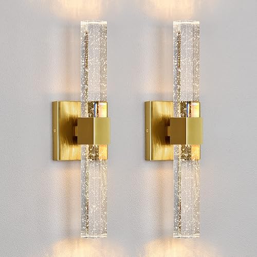 Epinl Gold Wall Sconces Set of Two - Bathroom Sconces Wall Lighting 14W Dimmable LED Crystal Wall Light with Bubble Glass 15.7inch Indoor Vanity