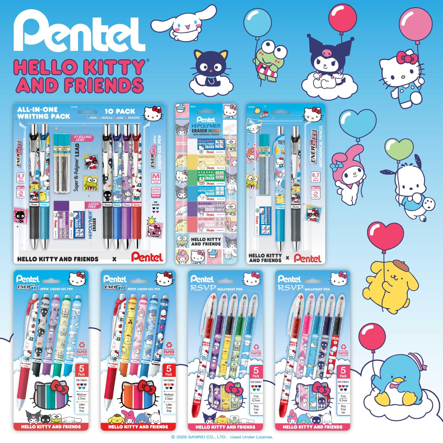 Pentel RSVP Ballpoint Pen, Hello Kitty® and Friends, Limited Edition, Mix 2, 0.7mm Fine Line, Assorted Ink, 5-Pk (BK90HKPF5M1)