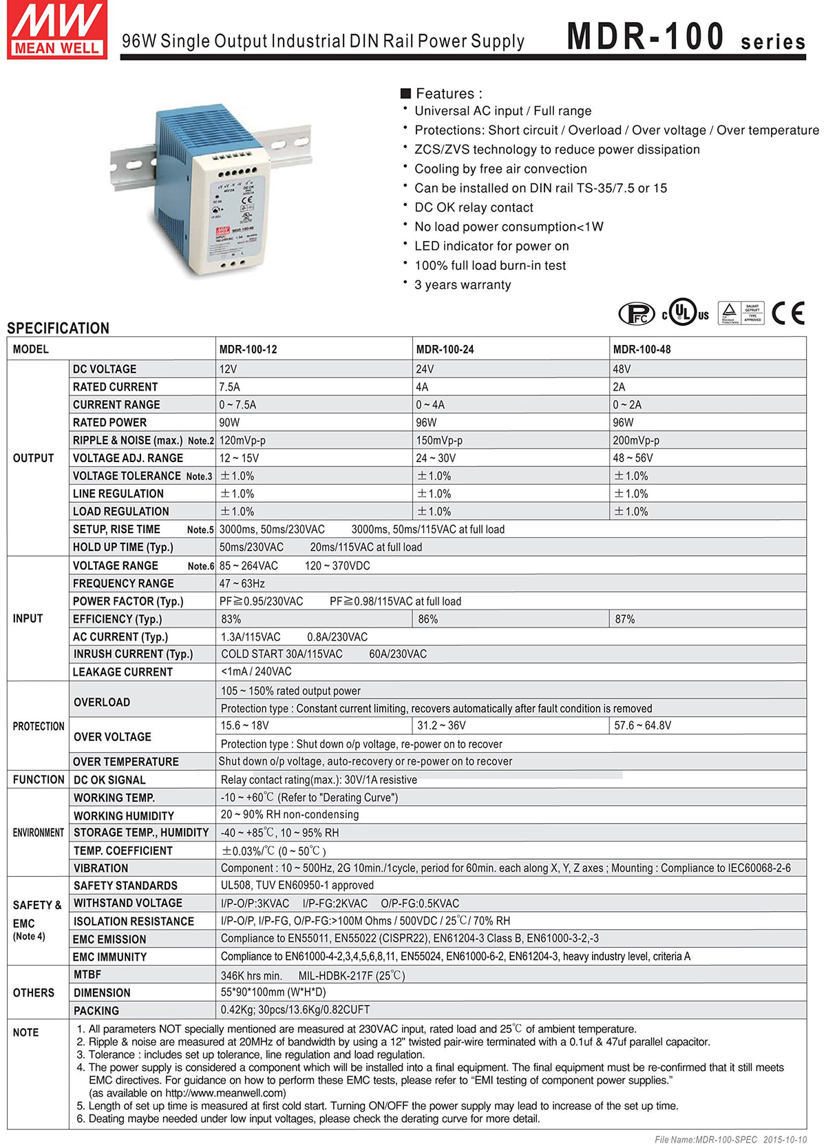 Mean Well Original MDR-100-48 Single Output Industrial DIN Rail Power Supply 48V 2A 96W