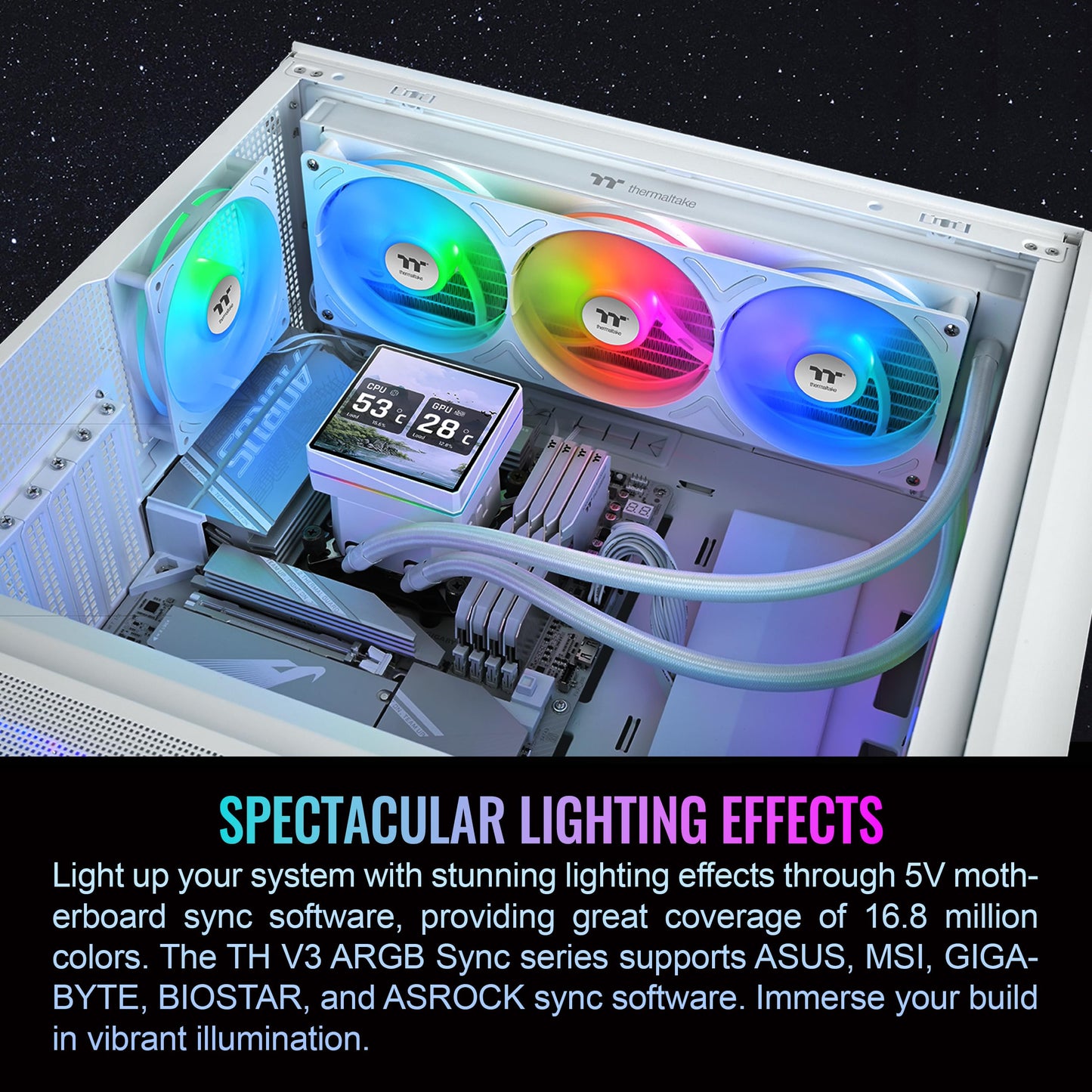 Thermaltake TH360 V3 Ultra ARGB CPU Liquid Cooler; Intel/AMD; 1x360mm 500~2500rpm Single Frame ARGB Fan; 3.95" TFT 720x720p LCD; Rotatable Pump Head