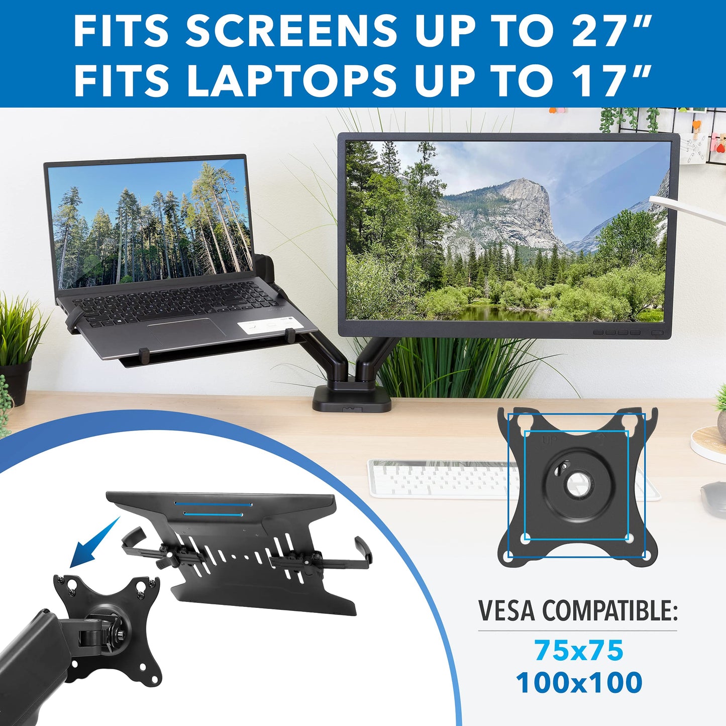 Mount-It! Monitor and Laptop Desk Mount, Height Adjustable Dual Arm Stand with Vented Laptop Tray, Fits Laptops up to 17 Inch and 13-27 Inch Monitors