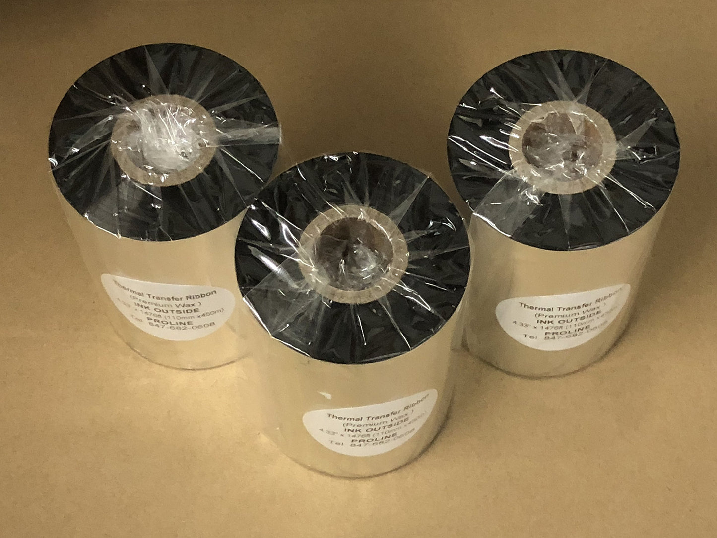 ProLine Thermal Transfer Ribbon - Premium Resin-Enhanced Wax - 4.33" x 1476" (110mm x 450m) Ink Outside for Zebra Datamax Sato TT Printers (2 Rolls)