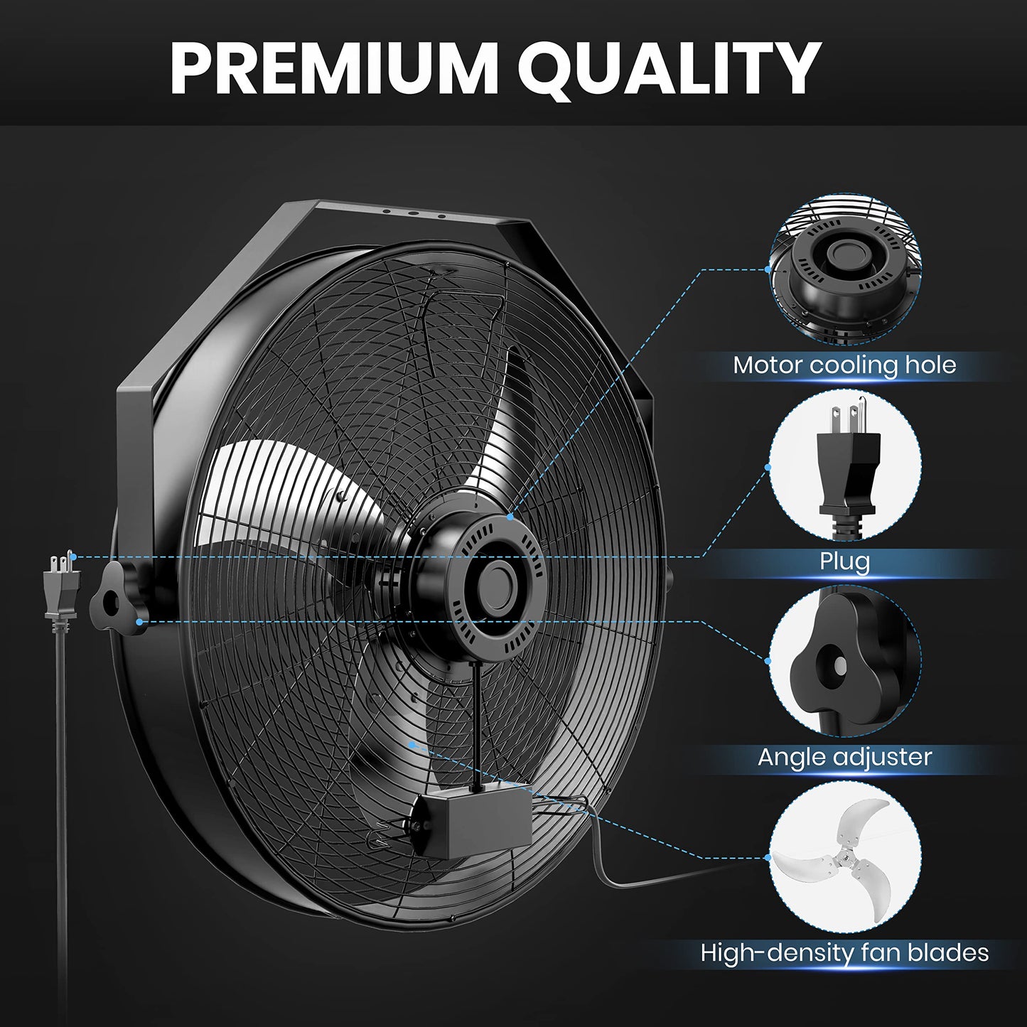 20 Inch High Velocity Wall Mount Fan with Rack, 3 Speed Industrial/Commercial Metal Ventilation Fan