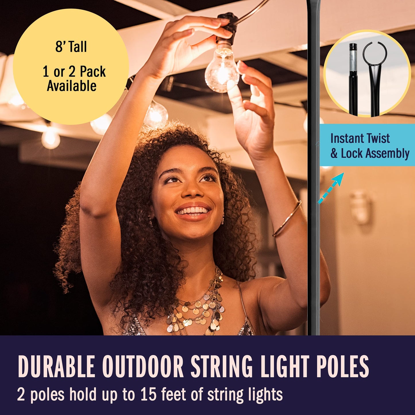 Holiday Styling String Light Poles for Outdoor String Lights - Metal Light Pole w/Hooks for Outdoor String Lighting - Patio Light Accessories Ideal