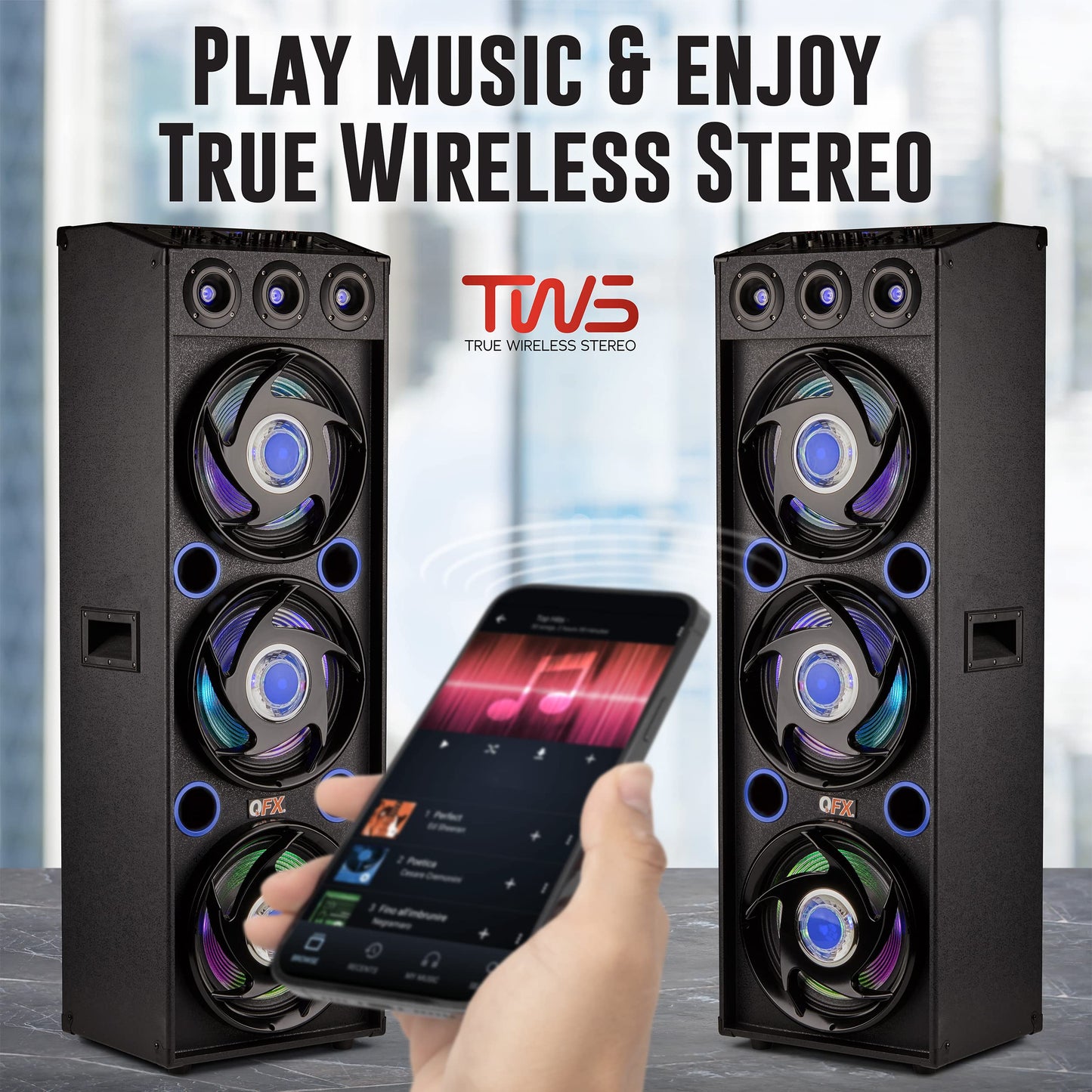 QFX SBX-412300BT TWS Bluetooth Triple 12” Woofer Triple 1” Tweeter Recording High-Performance PA Cabinet Speaker with 10-Band Graphic EQ, 2 Microphone
