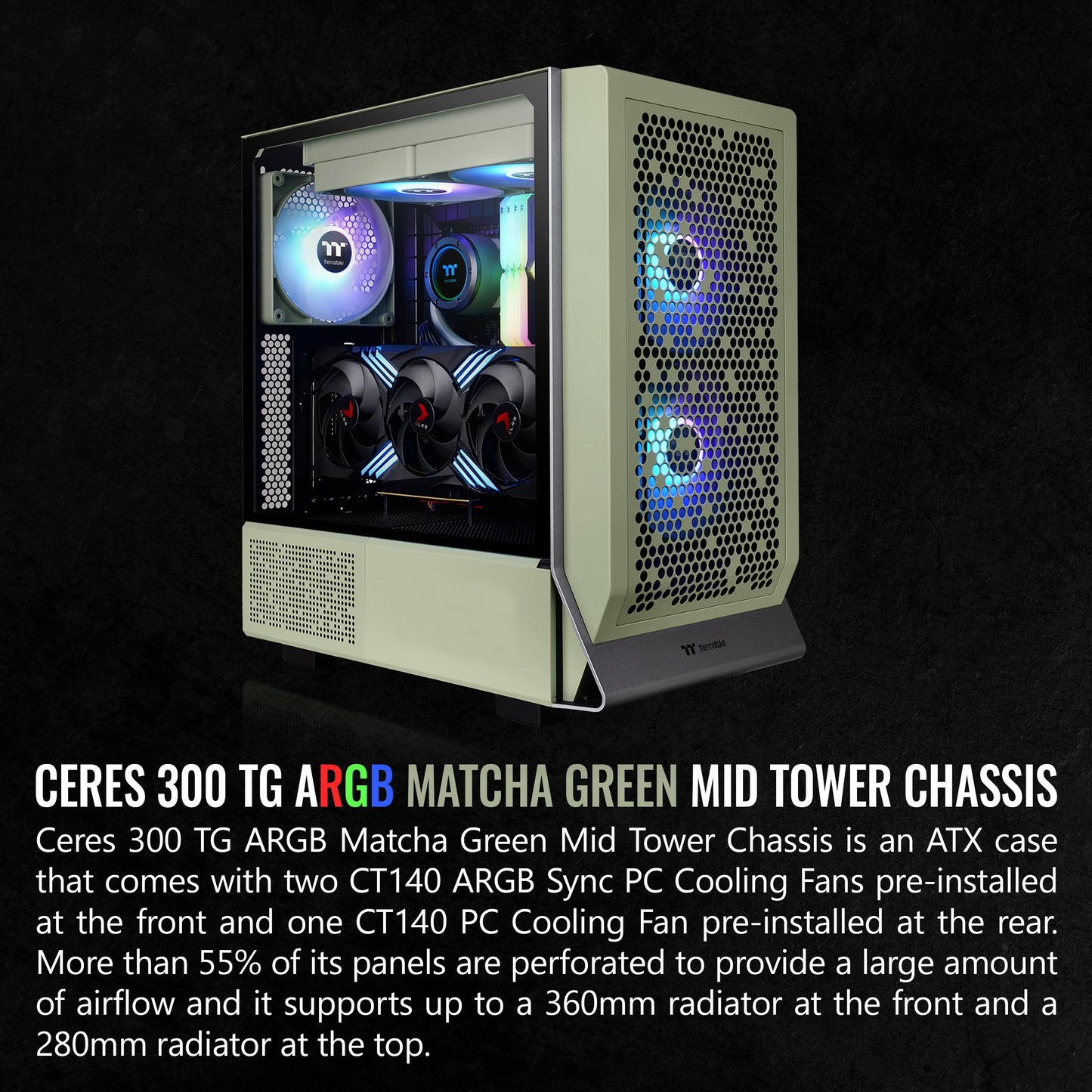 Thermaltake Ceres 300 Matcha Green Mid Tower E-ATX Computer Case with Tempered Glass Side Panel; 2xCT140 ARGB Fan Preinstalled; Rotational PCIe Slots;