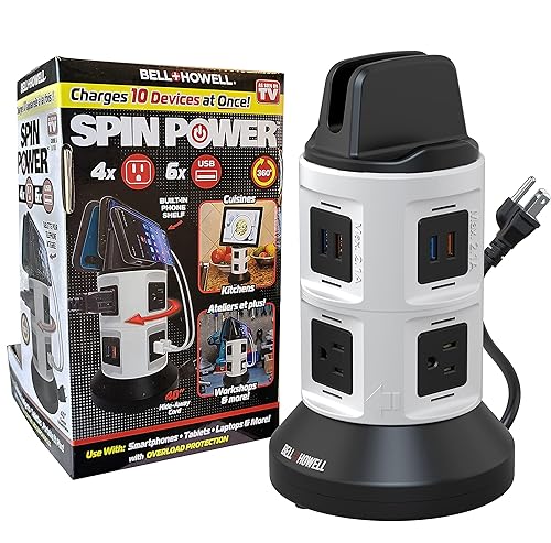 Bell+Howell Spin Power Strip Tower Surge Protector - 4 Outlets, 6 USB Ports, 40" Retractable Cord, 360° Rotation | Electric Charging Station