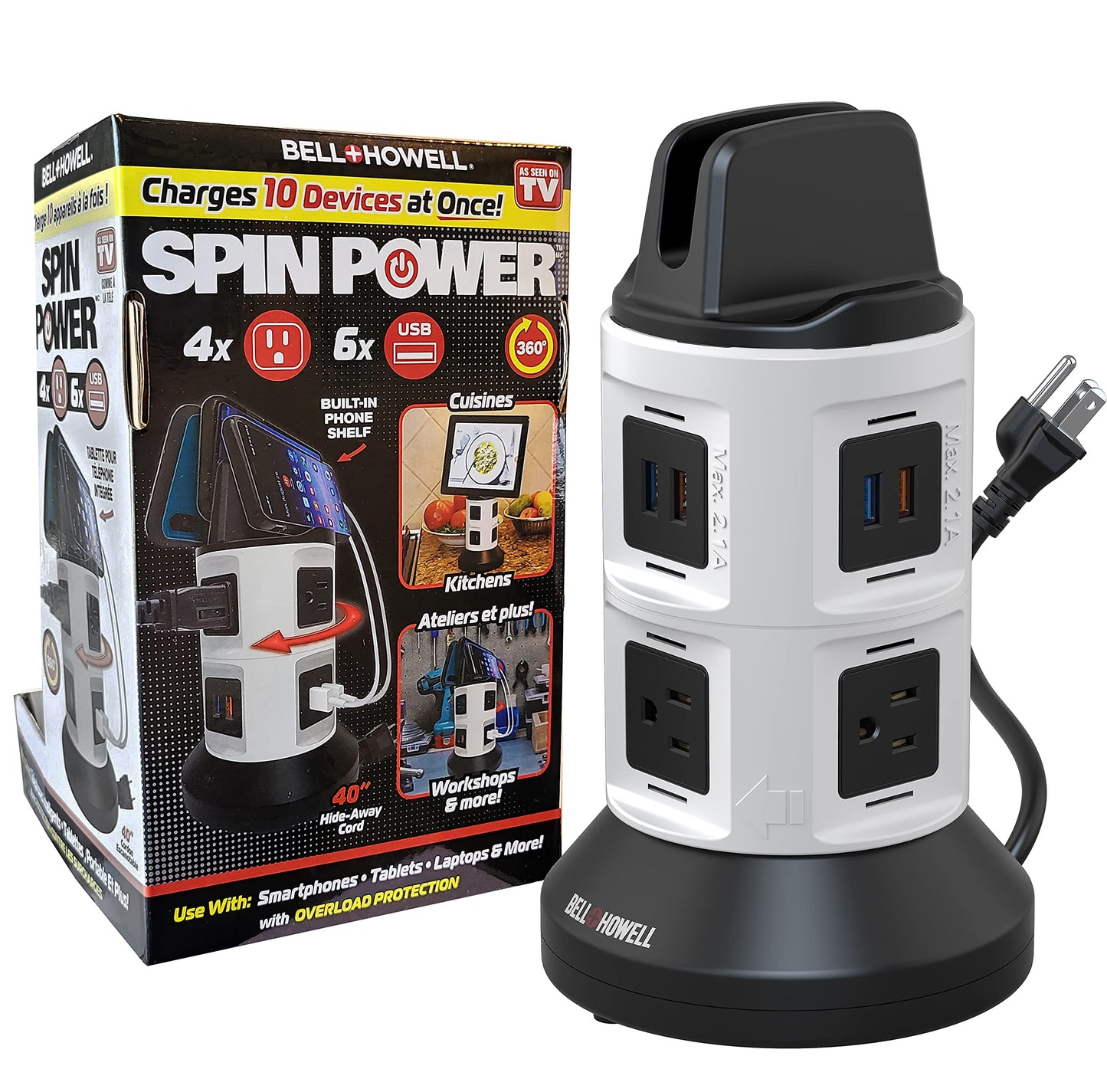 Bell+Howell Spin Power Strip Tower Surge Protector - 4 Outlets, 6 USB Ports, 40" Retractable Cord, 360° Rotation | Electric Charging Station