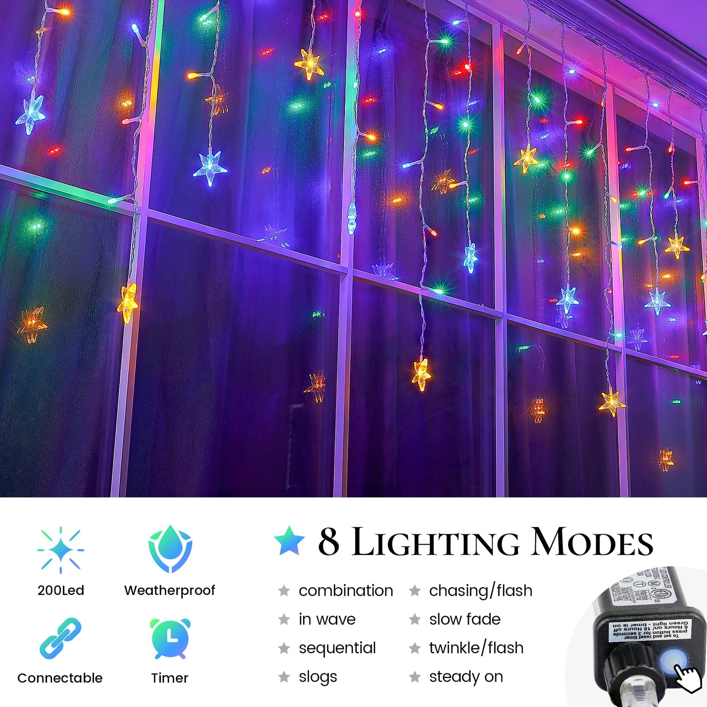 oopswow 200 LED Icicle Christmas Lights with Star,16.5FT Curtain Fairy Lights 40 Drops 8 Modes with Timer, Star Christmas Lights