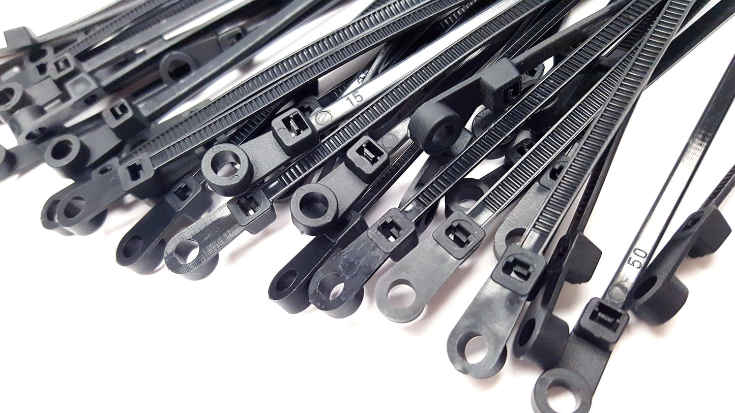 Mounting Hole Cable Ties - 100 Pack - 8 Inch 50 Lbs, Nail Screw Wire Hole Zip Tie (100, Black)