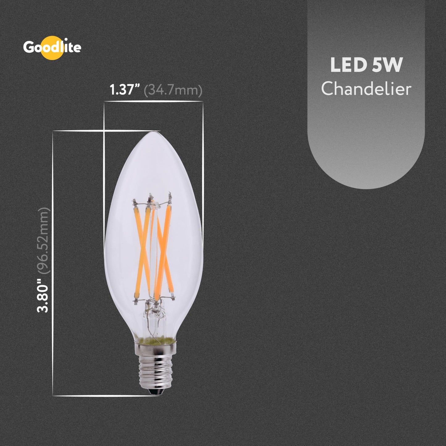 Goodlite C32 LED Chandelier Bulb, Torpedo Tip, 5W (60W Equal), Dimmable, 600 Lumens, Soft White 2700K, 15k Hours, Eco-Friendly, Ideal for Candelabra