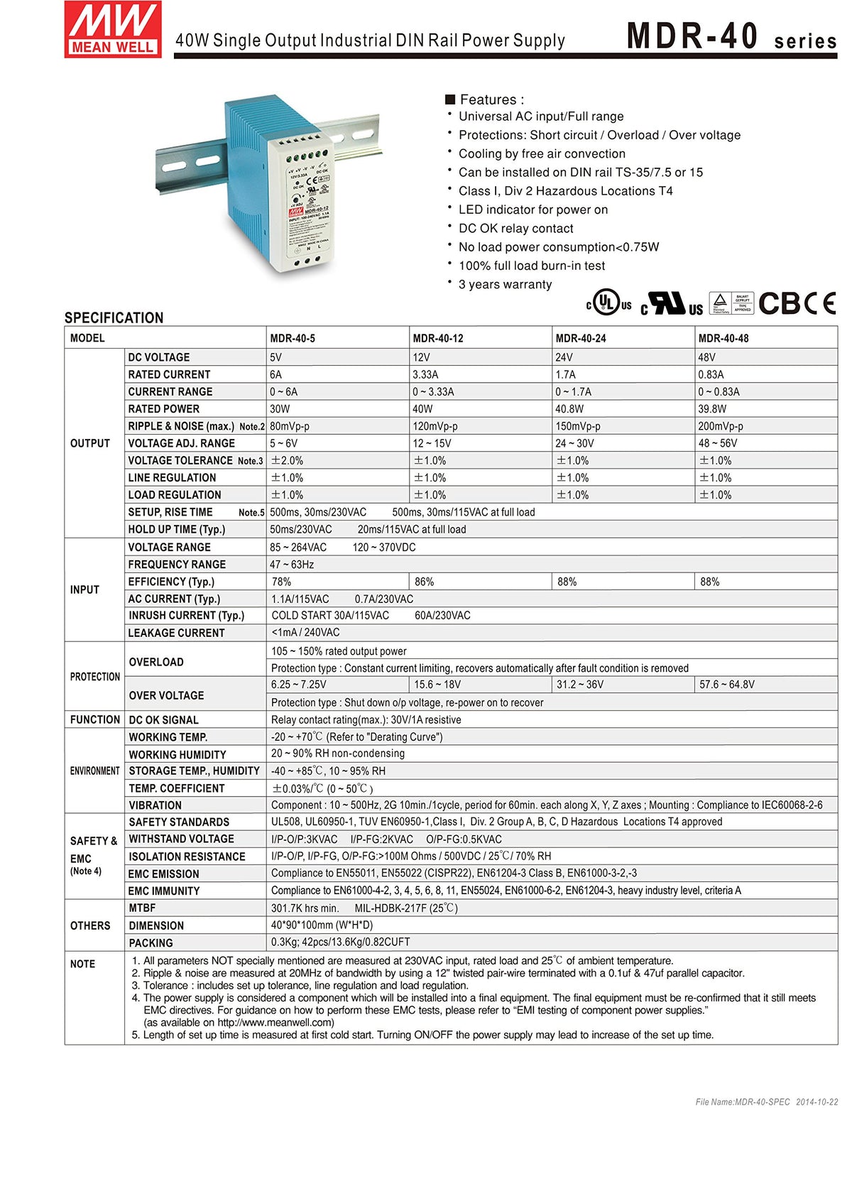 Mean Well Original MDR-40-24 Single Output Industrial DIN Rail Power Supply 24V 1.7A 40W