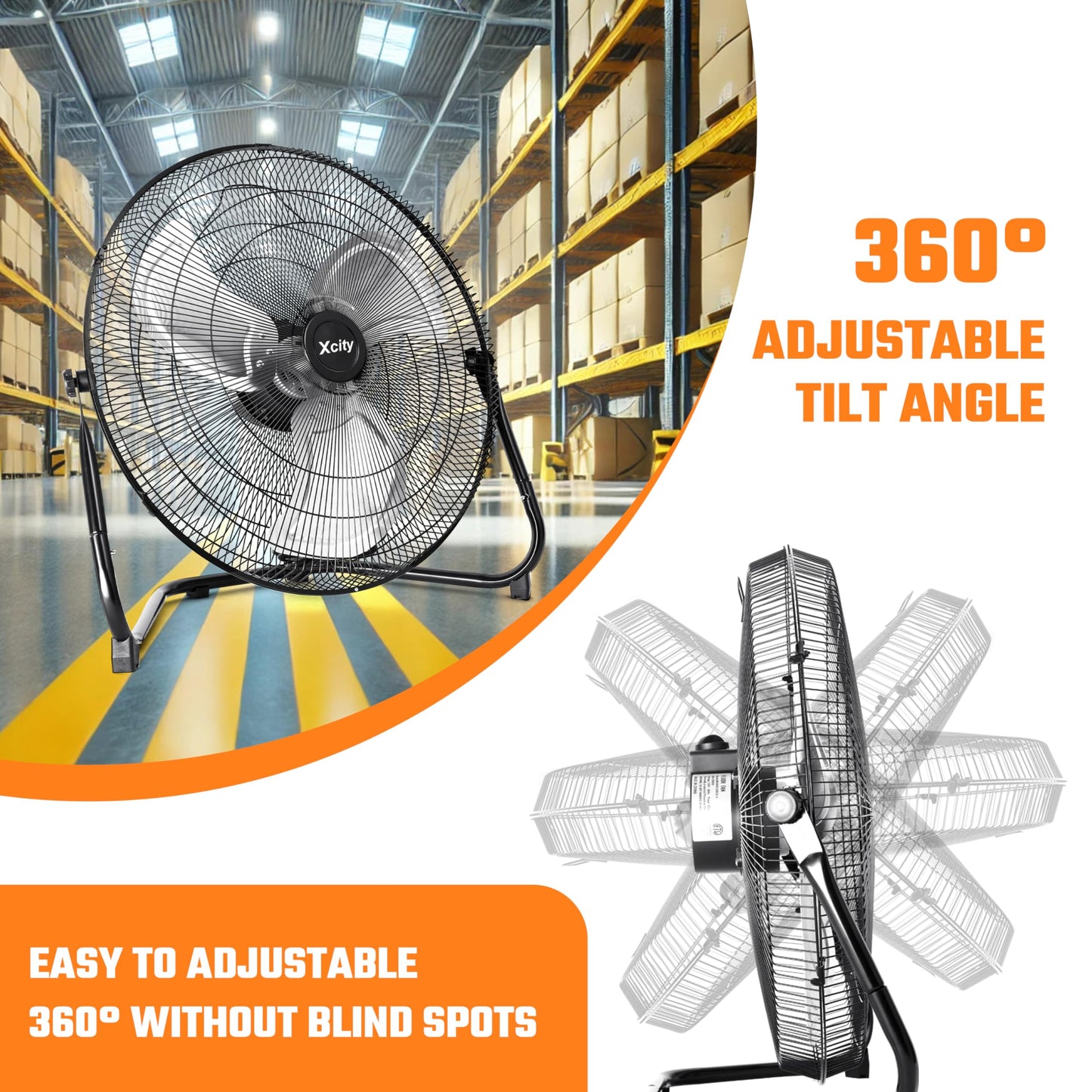 Xcity 18 Inch Metal Industrial Floor Fans, Max 4012 CFM, Heavy Duty High Velocity Fan with 3-speed and 360°Adjustable Tilt, for Warehouse, Workshop