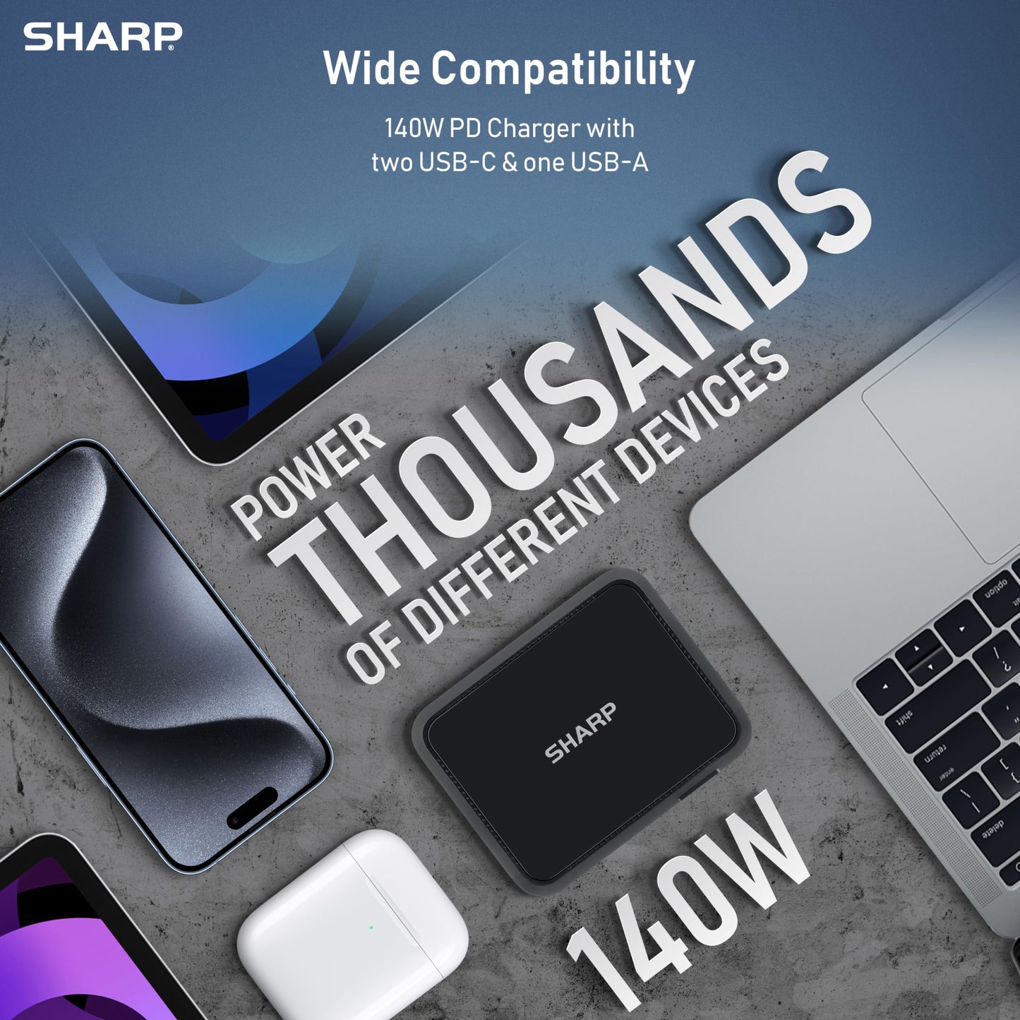 Sharp 140W USB C Charger, Compact Foldable GaN Fast Charge 3-Port (2 USB-C, 1 USB-A), Compact Foldable Wall Charger for MacBook Pro/Air, iPad Pro