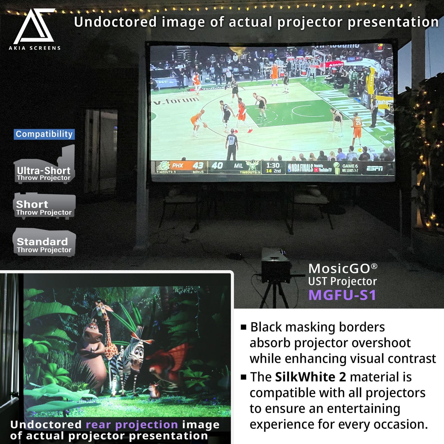 Akia Screens 125 Inch Portable Projector Screen with Stand and Carry Bag, 16:9 Foldable Front & Rear Projection Screen for Indoor & Outdoor Movies