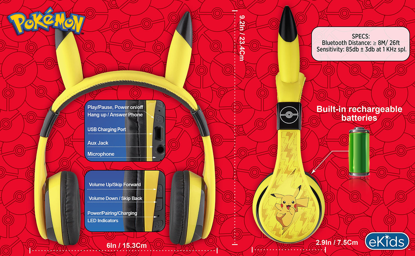 eKids Pokemon Kids Bluetooth Headphones, Wireless Headphones with Microphone Includes Aux Cord, Volume Reduced Kids Foldable Headphones for School…