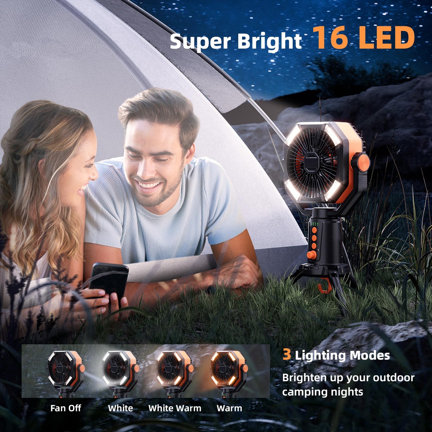 MORIKO Table Fans Tripod, 20000mAh Rechargeable Battery Operated Portable Tent Fan with LED Lantern, Remote Control, Hook, 270° Pivot, Stepless