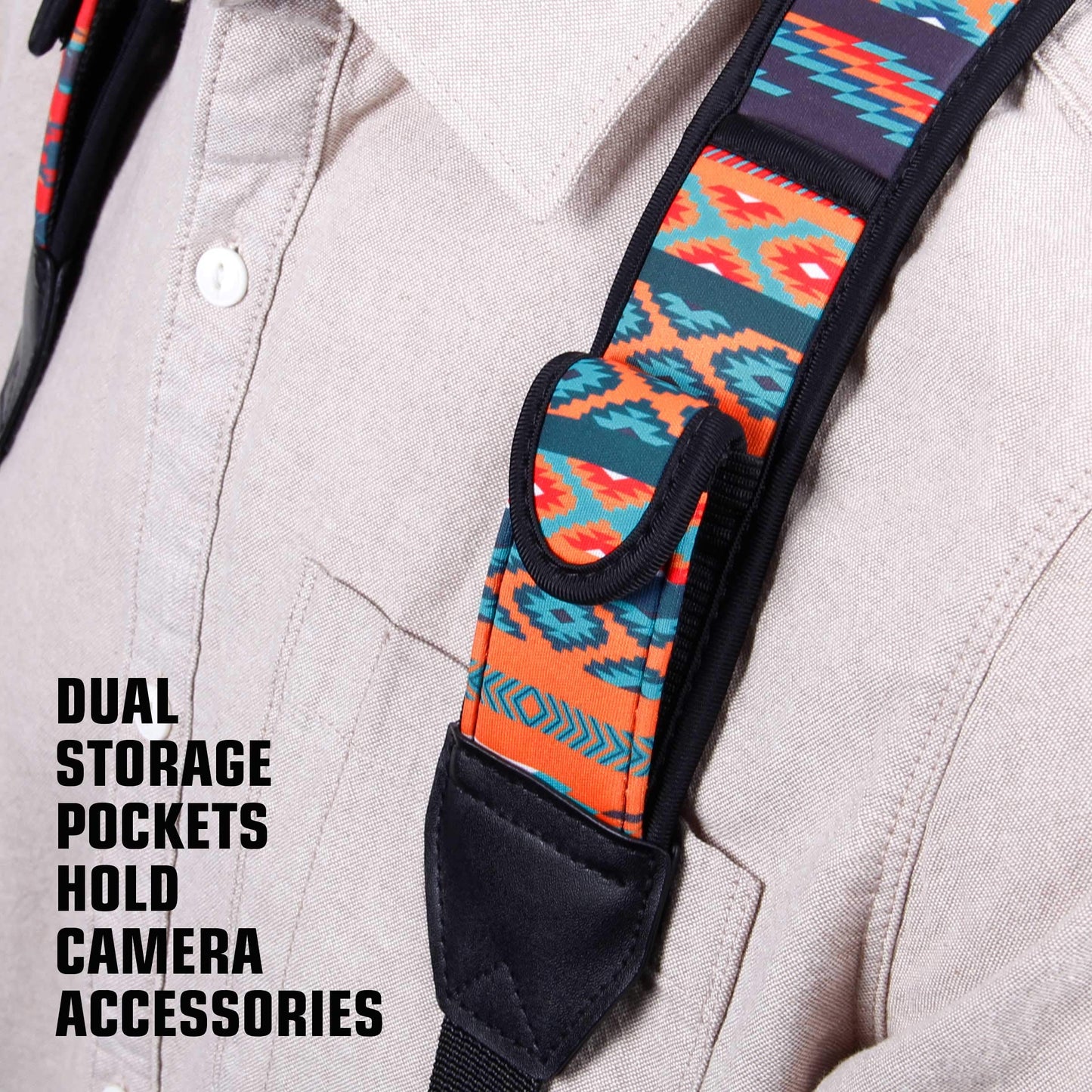 USA Gear DSLR Camera Strap Chest Harness with Quick Release Buckles, Southwest Neoprene Pattern and Accessory Pockets - Compatible with Canon, Nikon