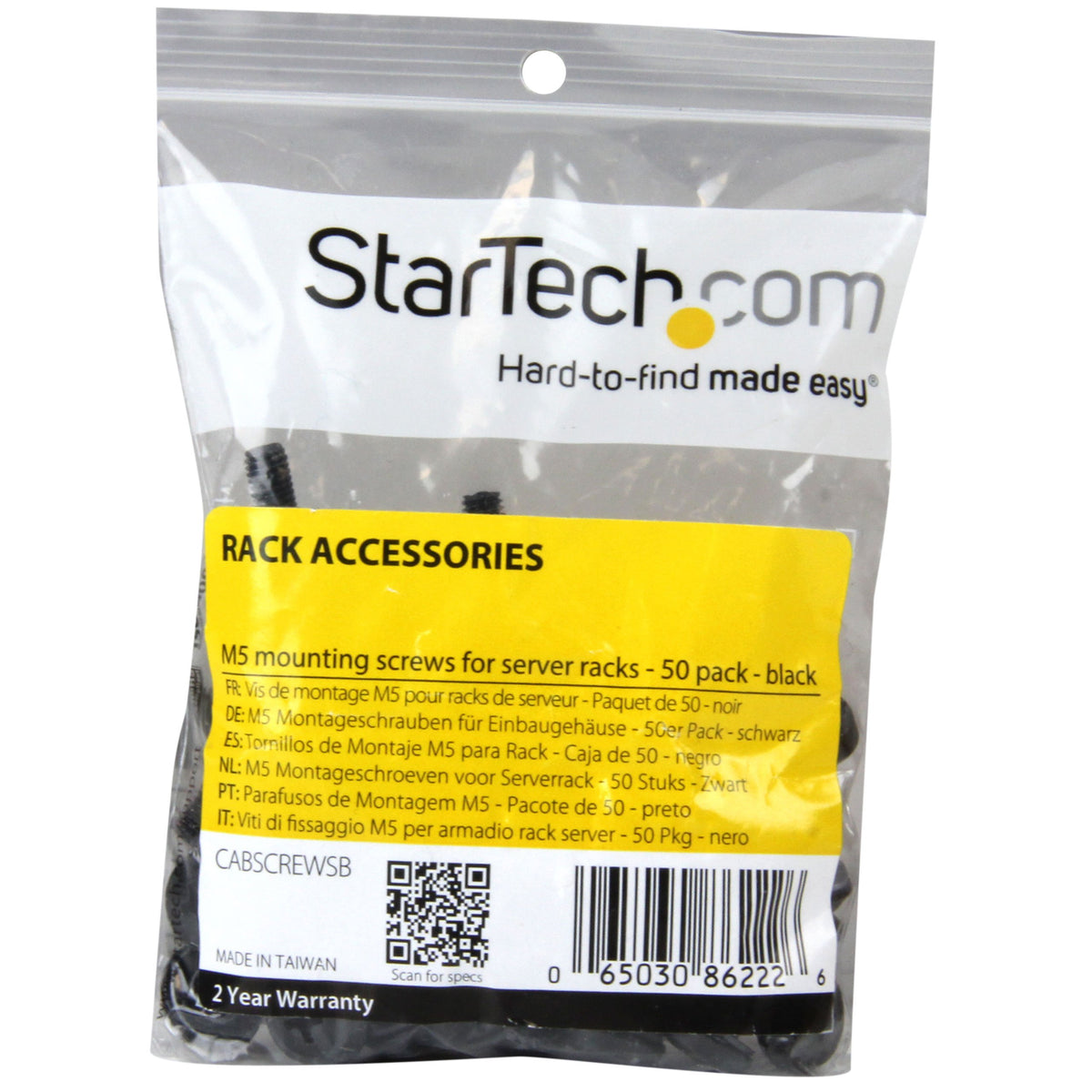 StarTech 50-Pack M5 12mm Mounting Screws, Black Steel, 19in & 10in, TAA