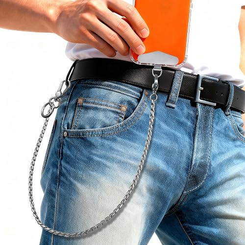 MOUTAKEY Anti Theft Phone Lanyard, 22.6" Unbreak Metal Phone Belt Strap with Metal Tether tab for All Phones, Detachable Non-rust Pants Chain