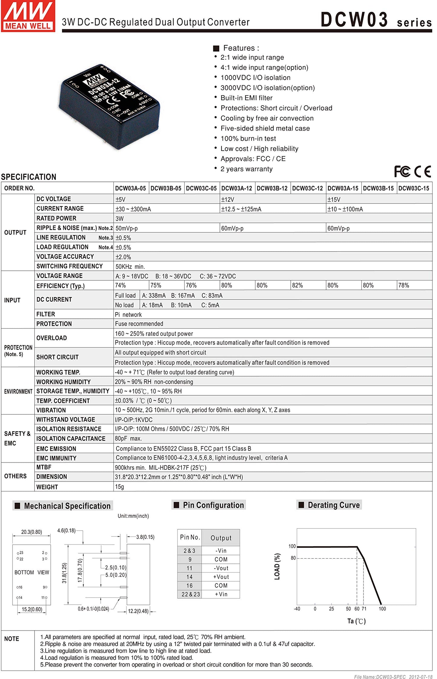 Mean Well DCW03A-12 Power Supply Encapsulated Converter, 2 Output, 12 Volt, 0.125A/-0.125A, 8-Pin, 1.25" L x 0.8" W x 0.48" H